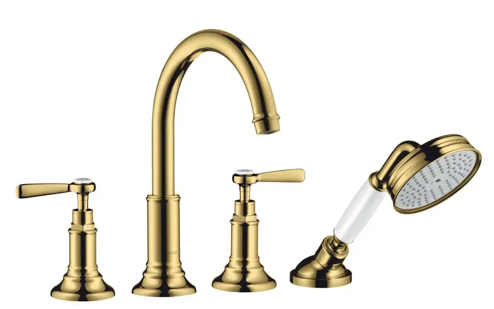 AXOR Montreux Badarmatur mit vier Komponenten in glänzendem Goldfinish. Enthält einen hohen Wasserhahn und zwei Hebelgriffe für Temperatur- und Volumenregelung sowie eine Handbrause.